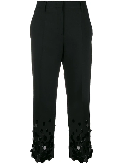 Prada Pantaloni Cropped In Lana Stretch Con Paillettes Oversize In Black