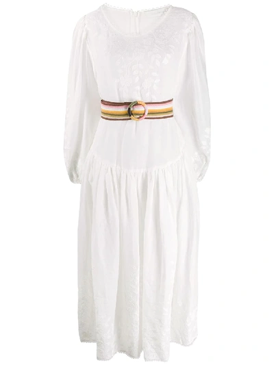 Zimmermann Zinnia Belted Embroidered Ramie-voile Midi Dress In Ivory