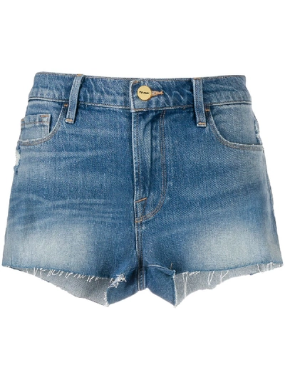 Frame Frayed High-rise Denim Shorts In Blue
