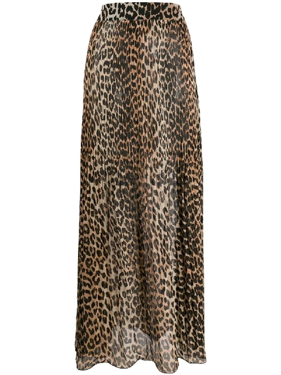 Ganni Long-pleated Georgette Leopard Skirt In 棕色