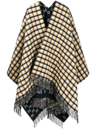 Gucci Check Print Fringed Poncho In Blue