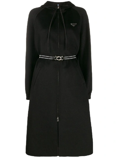 Prada Hooded Long Coat In 黑色