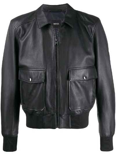 Hugo Boss Flap-pocket Leather Jacket In Blue