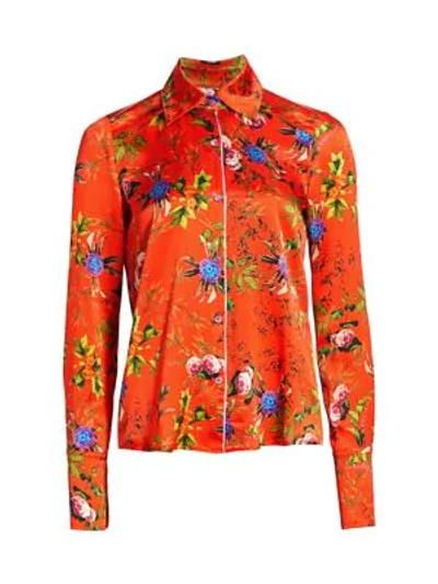 Adriana Iglesias June Floral Silk Pajama Blouse In Flowered Orange