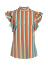 AKRIS PUNTO Gazebo Stripe Ruffle Cap-Sleeve Blouse