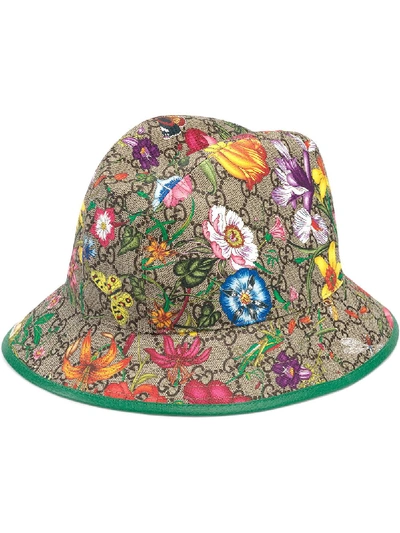 Gucci Flora Print Fedora In Braun