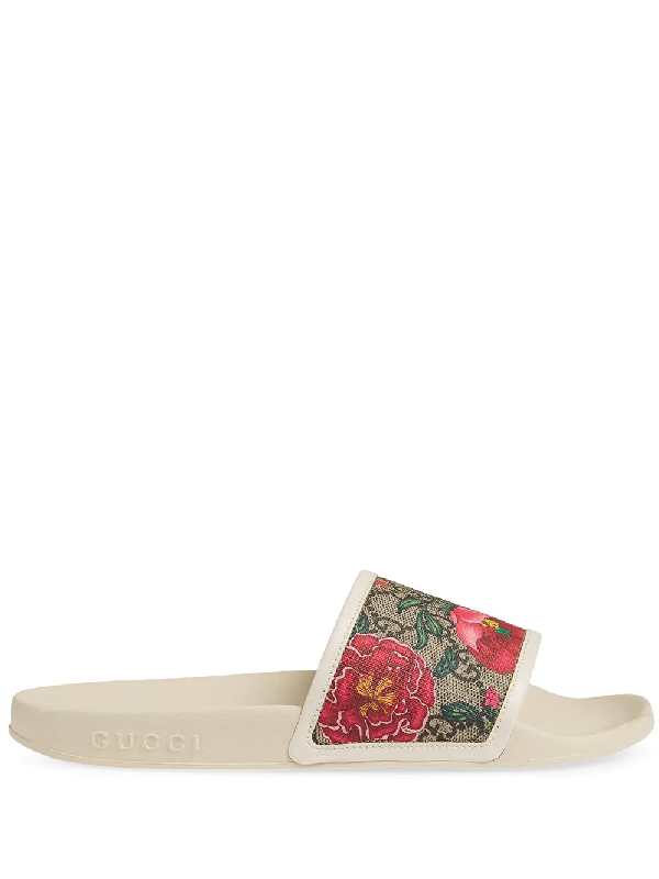white gucci floral slides
