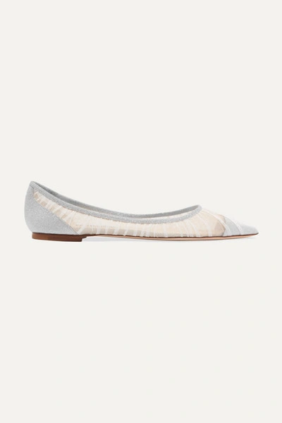 Jimmy Choo Love Glittered Tulle And Canvas Point-toe Flats In Ivory/silver