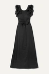 KALITA EROS BELTED RUFFLED LINEN MAXI DRESS