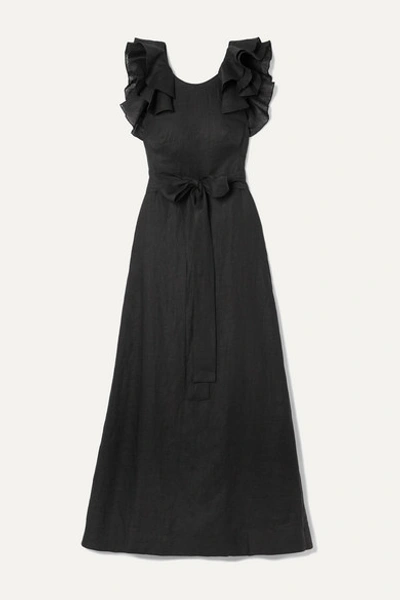 Kalita Eros Belted Ruffled Linen Maxi Dress In Black