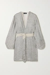 Retroféte Gabrielle Velvet-trimmed Sequined Chiffon Mini Wrap Dress In Silver