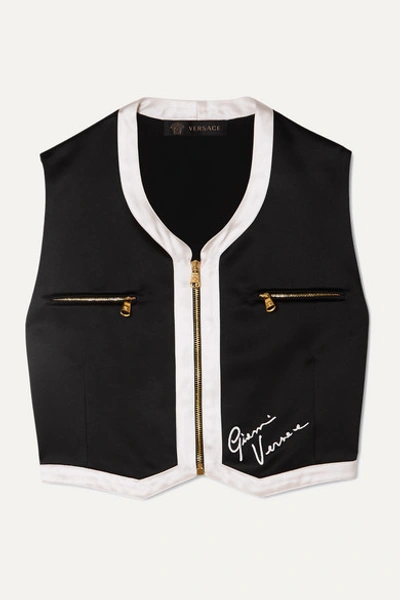 Versace Cropped Embroidered Satin Waistcoat In Black