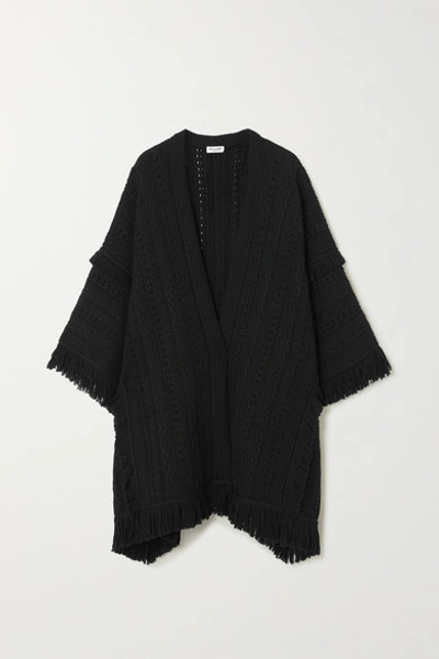 Saint Laurent Fringed Pointelle-knitted Wool Cape In Black