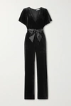 ALICE AND OLIVIA BREANNA BELTED WRAP-EFFECT VELVET JUMPSUIT