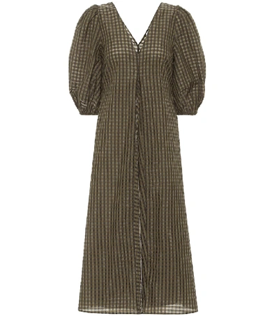 ganni green gingham dress Green Plisse Dress Plunging Ring Detail Balloon Sleeve main image 1