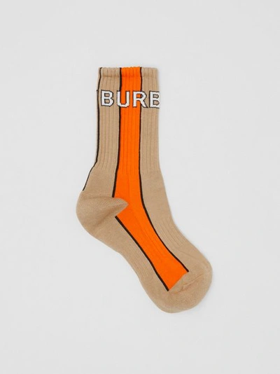 Burberry Logo Intarsia Striped Cotton Blend Socks In Soft Fawn