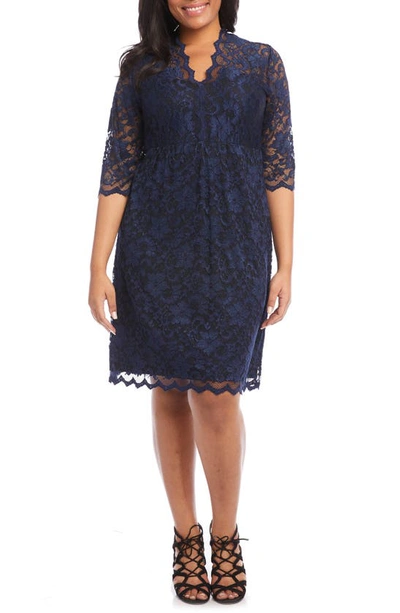 Karen Kane Scalloped Stretch Lace Dress In Navy