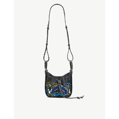 Loewe X William De Morgan Hammock Floral embroidered Drawstring Mini Leather Shoulder Bag In Peacock Blue ModeSens