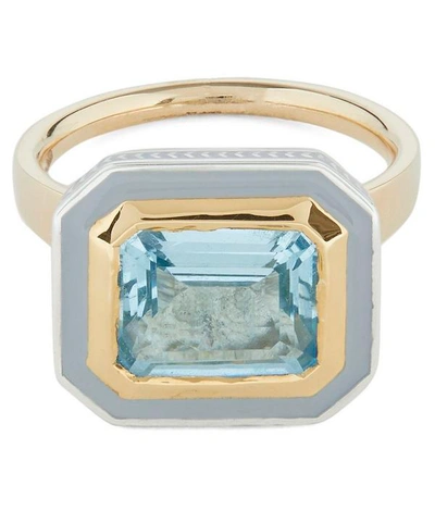 Alice Cicolini Gold Silver Tile Mini Emerald Cut Aquamarine Ring
