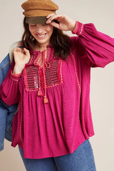 Bl-nk Lissa Embroidered Peasant Blouse In Pink