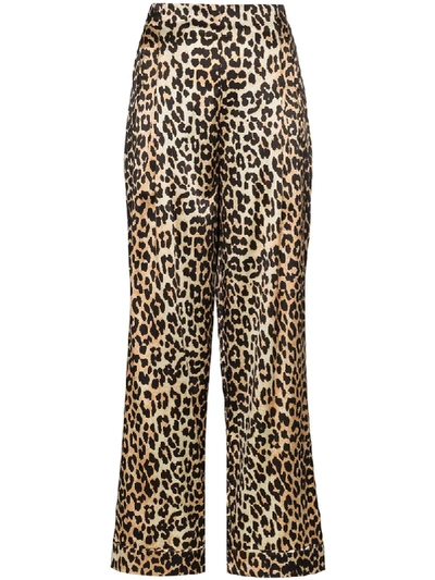 Ganni Leopard-print Silk-blend Satin Wide-leg Trousers In Brown