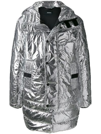 Diesel Hooded Metallic Padded Coat In Grey