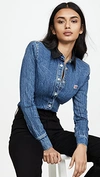 ALEXANDER WANG DENIM BUTTON LONG SLEEVE SHIRT WITH LEATHER COLLAR