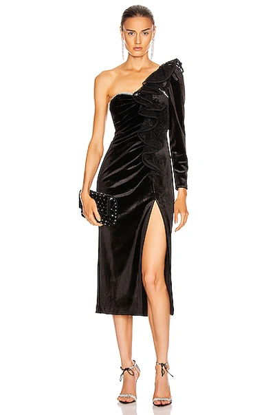 Self-portrait Velvet Ruffle Midi Dress In Black | ModeSens