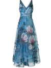 MARCHESA NOTTE V-NECK FLORAL PRINT EFFECT DRESS