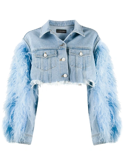 David Koma Feather-trimmed Cropped Denim Jacket In Blue