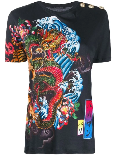 Balmain Tiger And Dragon Print T-shirt In Black