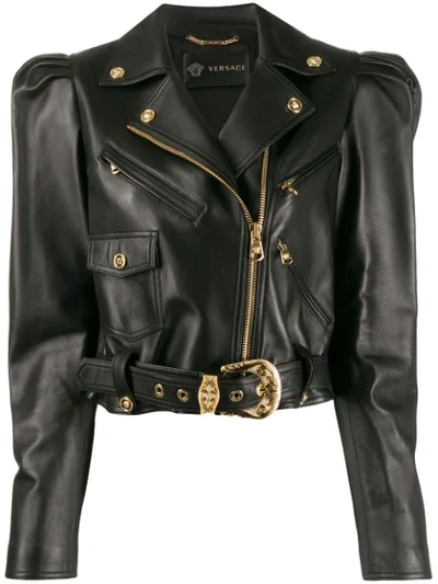 Versace Leather Blouson Jacket In Nero