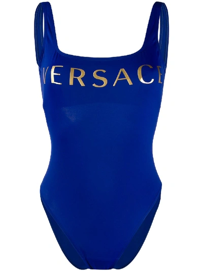 Versace Printed Lycra One Piece Swimsuit In Blue