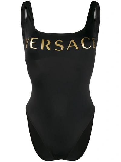 Versace Logo Print Swimsuit In 黑色