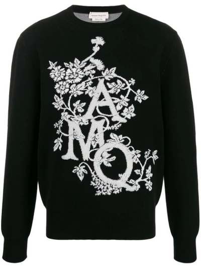 Alexander Mcqueen Ivy Monogram Crewneck Cotton Sweater In Black