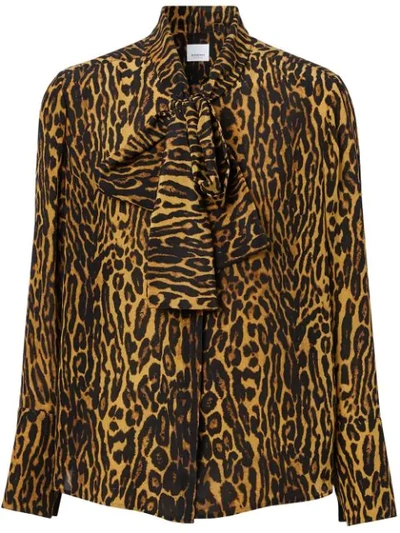 Burberry Amelie Leopard-print Tie-neck Mulberry-silk Blouse In Neutrals