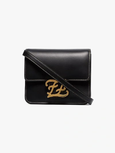 Fendi Karligraphy Smooth Leather Shoulder Bag In Black