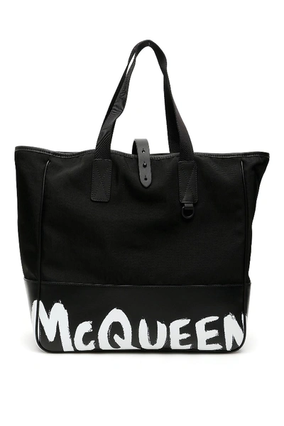 Alexander Mcqueen Black Shopper 35 Logo Tote Bag In Black,white