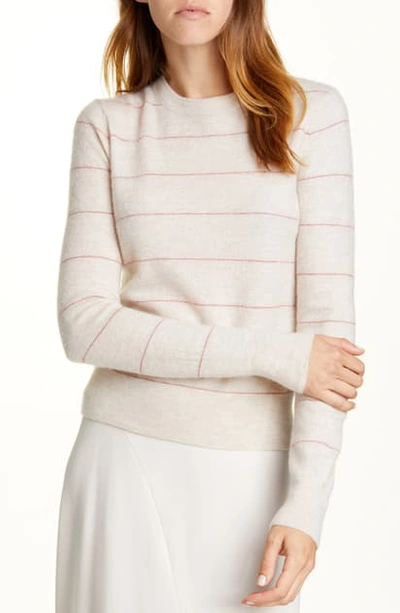 Vince Stripe Fitted Cashmere Crewneck Sweater In Heather Dove Oat/ Rosewood