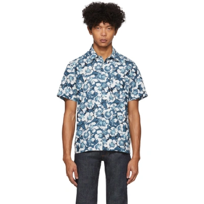 Apc Joseph Floral Cotton Short Sleeve Shirt In Blue