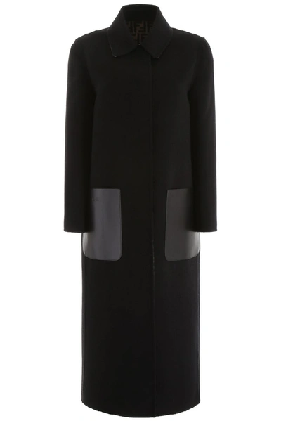 Fendi Belted Jacquard And Leather-trimmed Gabardine Trench Coat In Black