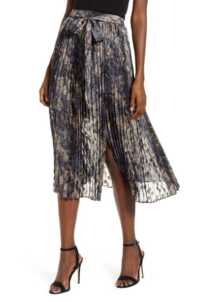 Joa Tie Waist Pleated Midi Skirt In Dusty Blue Multi