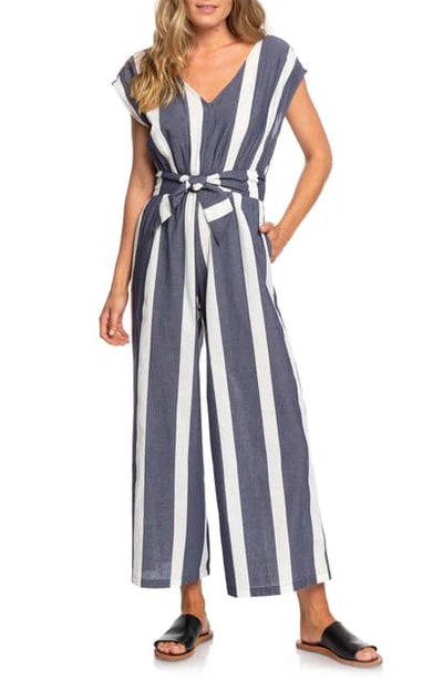 Roxy Juniors' Same Old Blues Cotton Striped Jumpsuit In Mood Indigo Sunshade Stripes