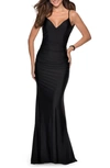 La Femme Form Fitting Jersey Dress With Fully Open Back In Black
