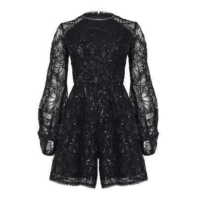 True Decadence Black Floral Sequin Long Sleeve Playsuit