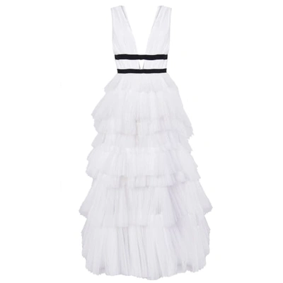 True Decadence White Plunge Front Tulle Layered Maxi Dress