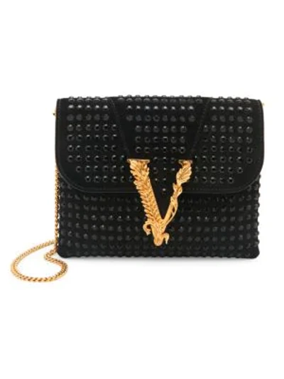 Versace Virtus Embellished Suede Evening Bag In Black