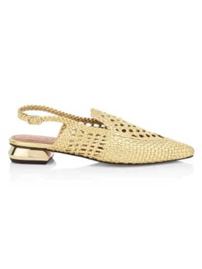 Souliers Martinez Gloria Woven Leather Slingback Loafers In Gold