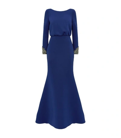 Badgley Mischka V-back Long-sleeve Beaded-cuff Gown W/ Bow Detail In Royal Blue