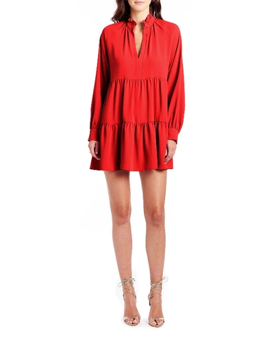 Amanda Uprichard Saffron Tiered Long-sleeve Mini Dress In Scarlet